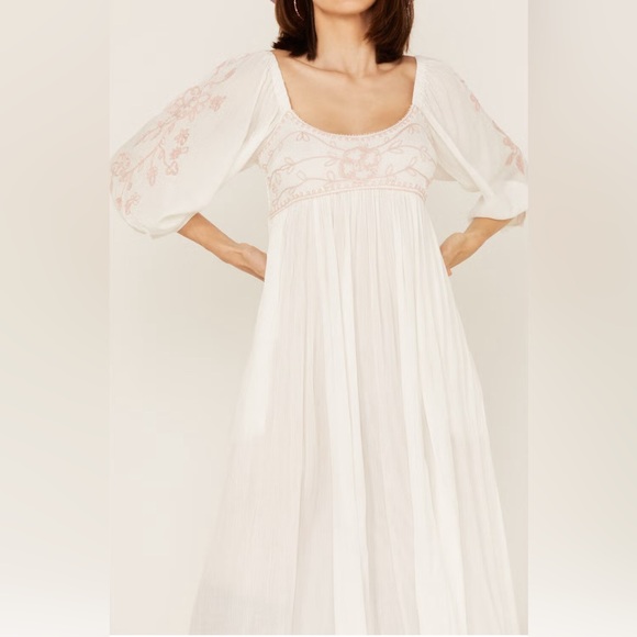 Free People Wedgewood Off-Shoulder Maxi Dress with Pink Embroidery - Picture 2 of 8